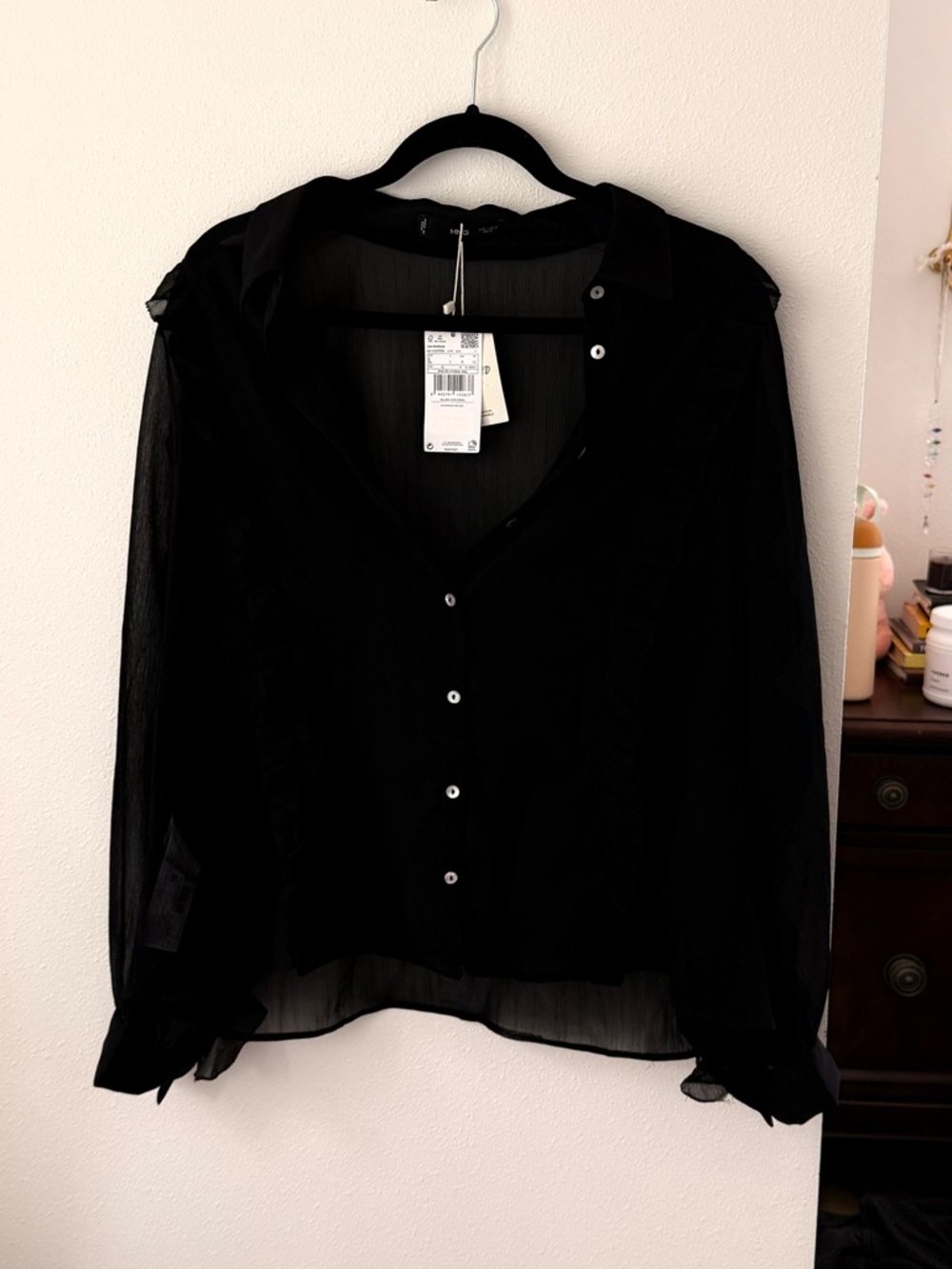Sheer Black Ruffle Sleeve Blouse NWT